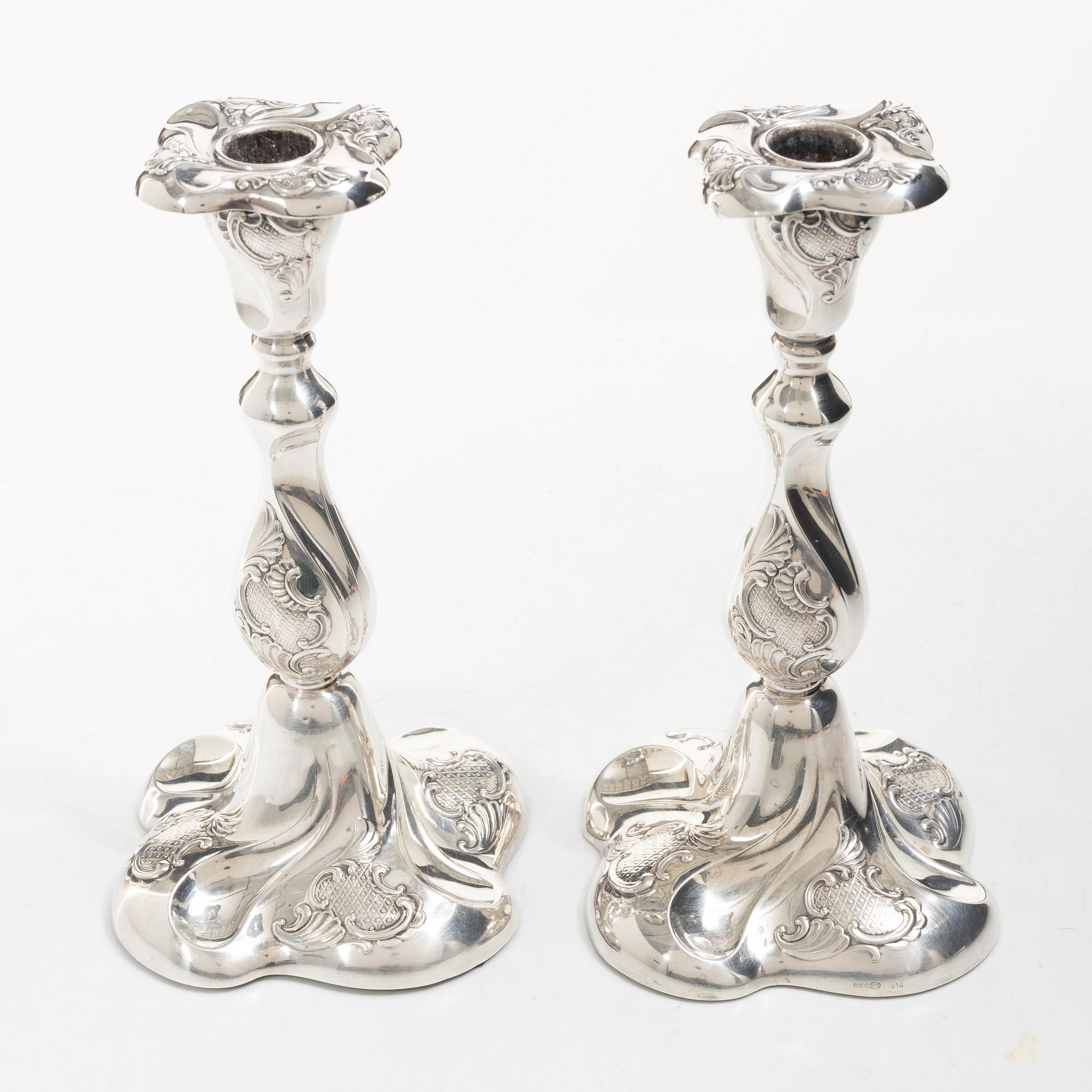 Candlesticks, a pair, silver, Rococo style, Thorvald Marthinsen Sølvvarefabrik, Tönsberg, Norway, 20th century.