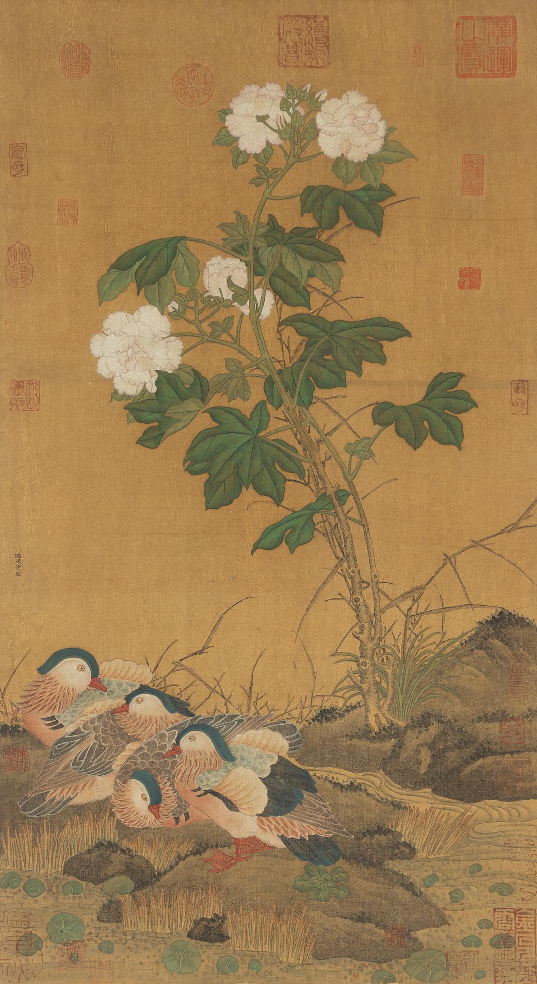 A Chinese scroll painting by unidentified master, four ducks resting by a blooming pond, 20th century.