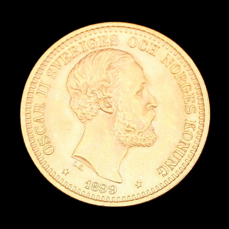 GULDMYNT, 20 kr, Oscar II, 1899. Vikt ca 9 g.