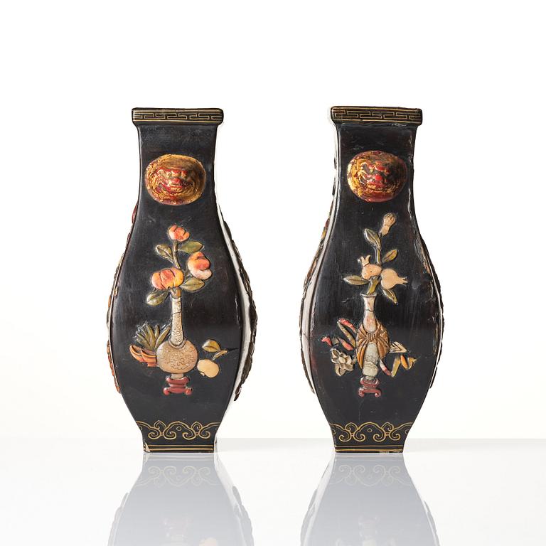 A pair of hardstone embellished vases, mid Qing dynasty.