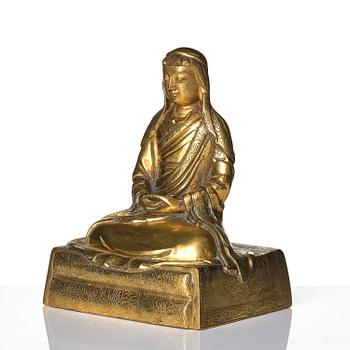 A gilt bronze sculpture of Arhat Ajita, Tibeto-Chinese, 18th century.