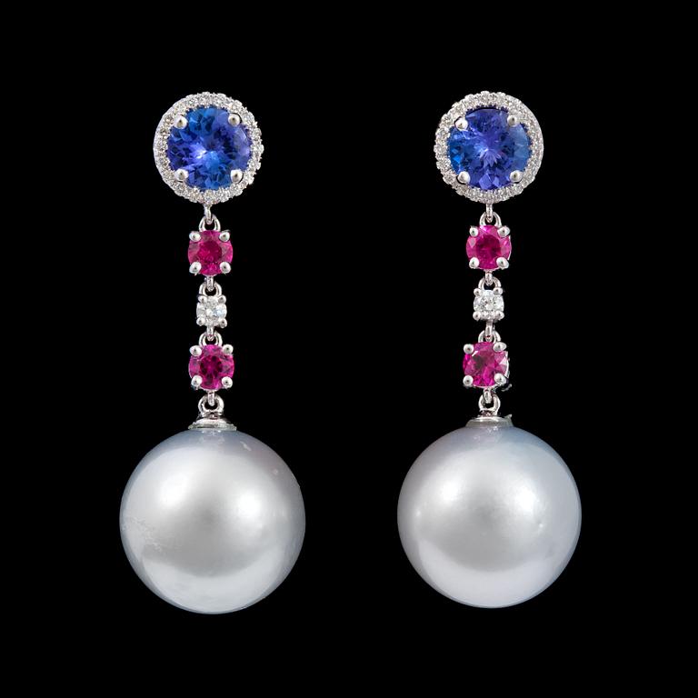 A pair of cultured South sea pearl, tanzanite, ruby and brilliant cut diamond earrings.