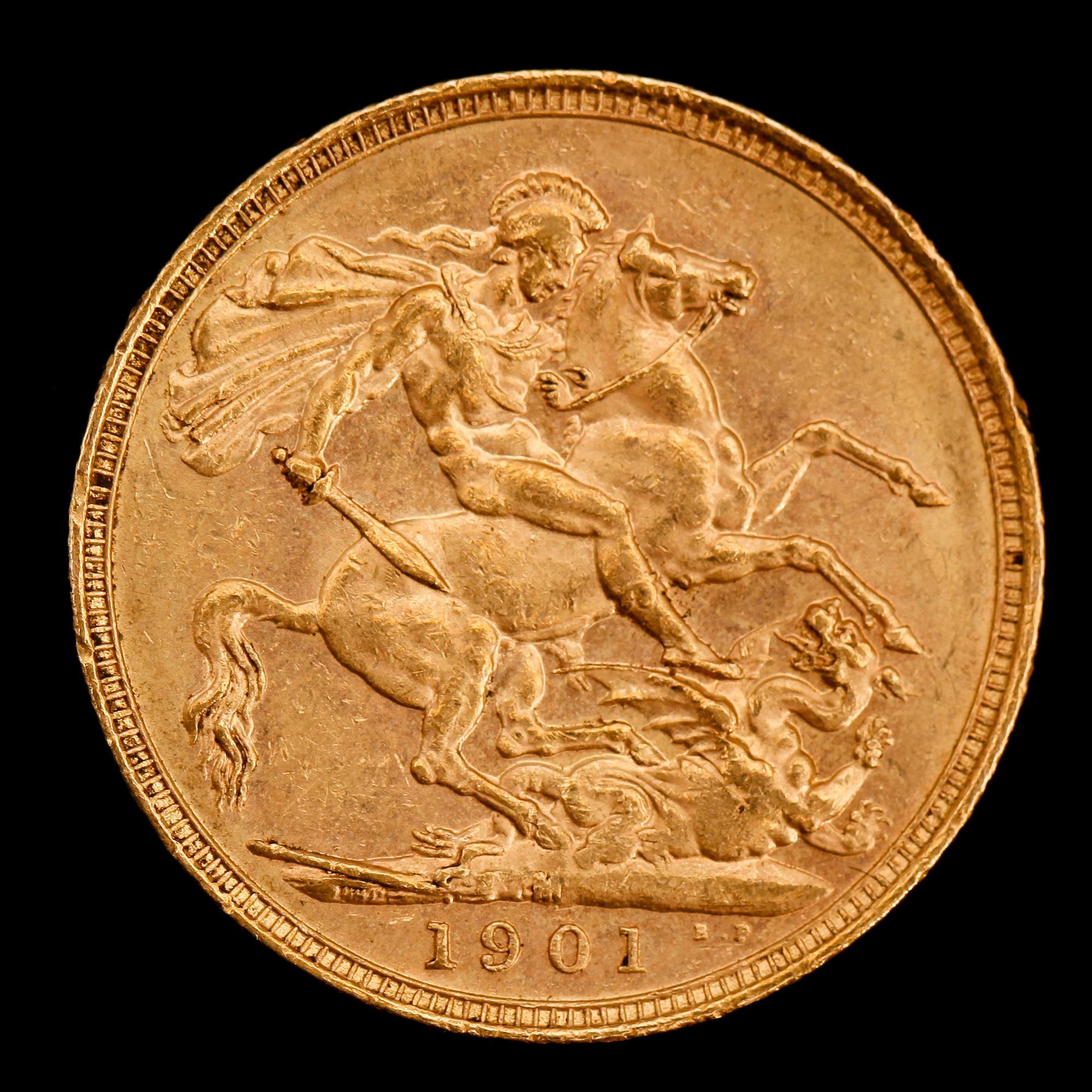 GULDMYNT, sovereign, Victoria, 1901. Vikt ca 8 g.