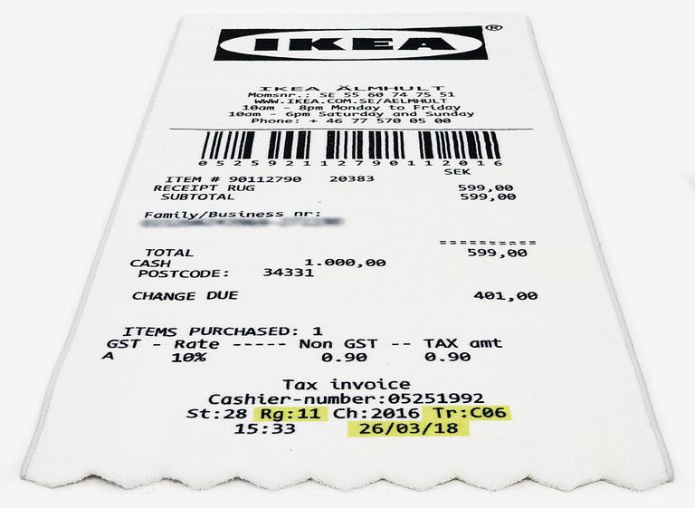 Virgil Abloh, matta "Kvitto", IKEA x Virgil Abloh, "MARKERAD" kollektion, ca 200 x 90 cm.