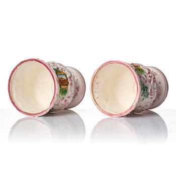 A pair of faiance historismus pharmacy jars with covers, 19th century.