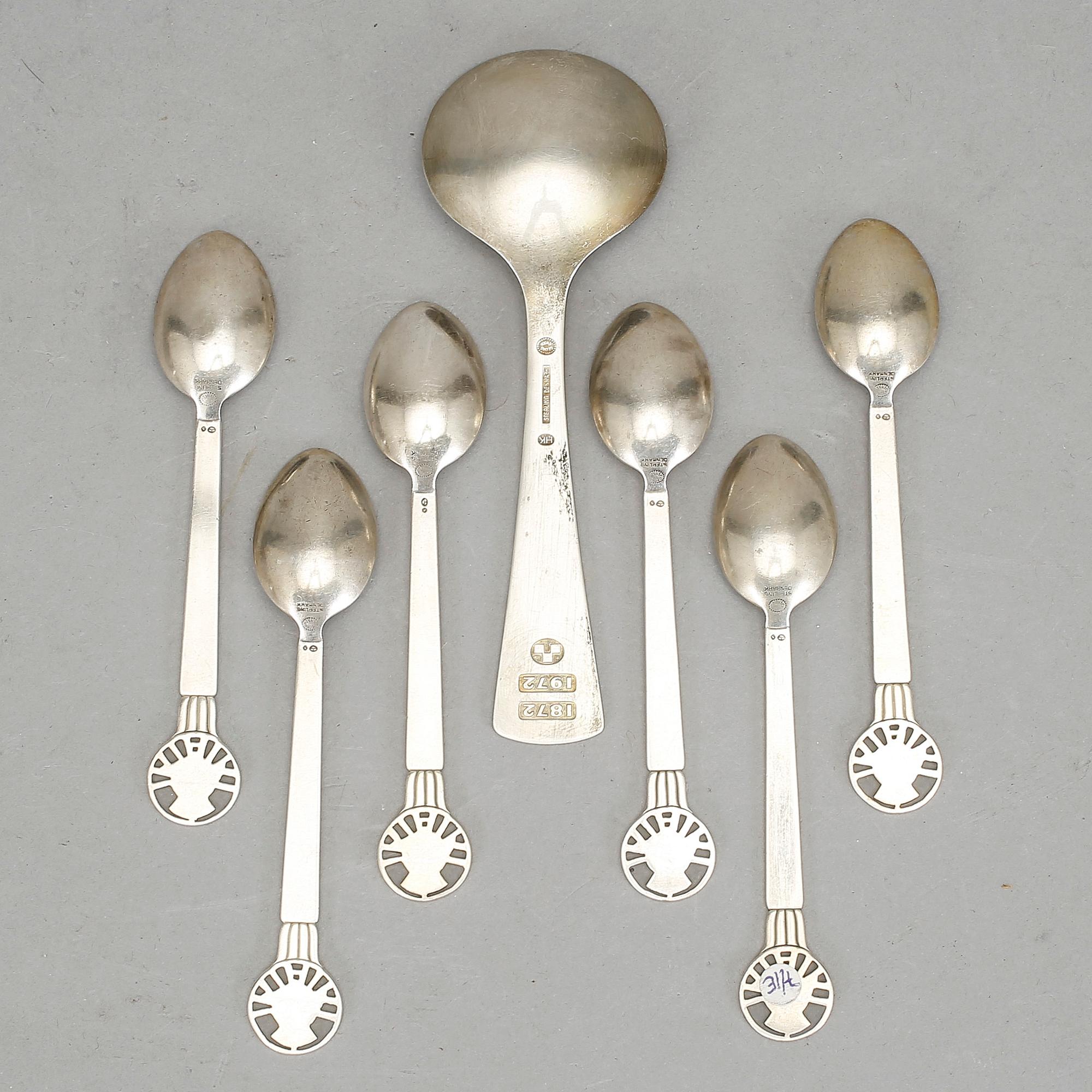 SKEDAR, 6+1 st, silver, Georg Jensen, kring 1900-talets mitt. Bla Henning Koppel. Vikt ca 139 gram.
