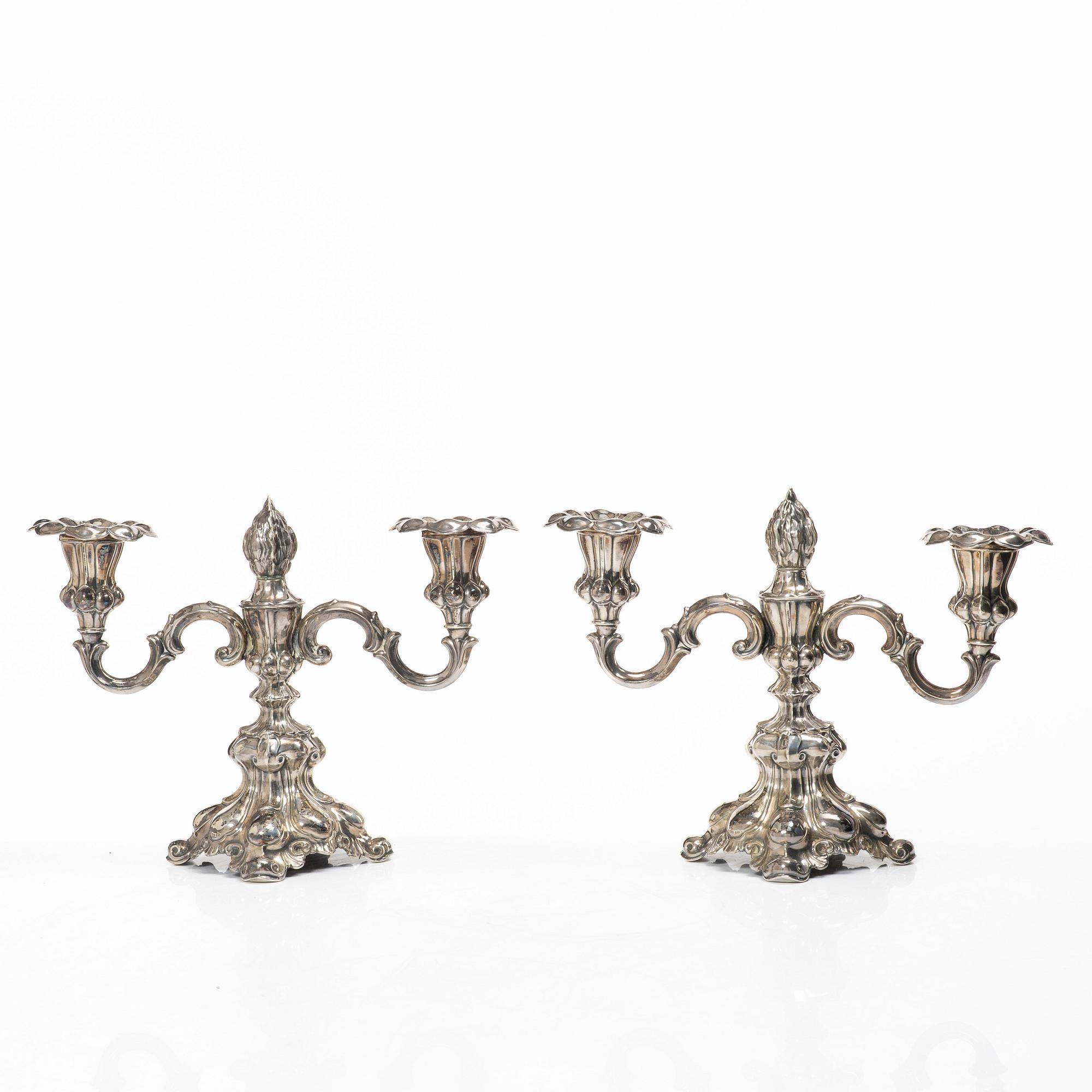 A pair of Baroque style silver candelabras, C.G.Hallberg, Stockholm, Sweden, 1945.