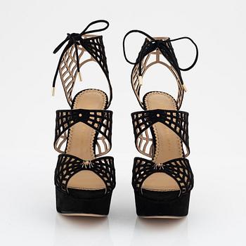 Charlotte Olympia, a pair of black suede spiderweb sandals. Size 36 1/2.