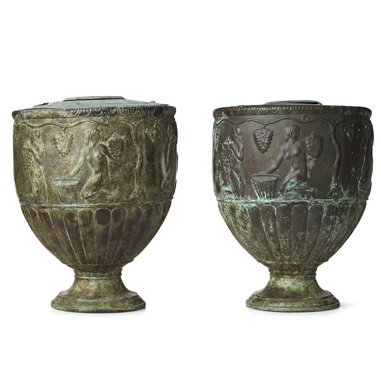 Ivar Johnsson, "Vinskörden", a pair of patinated copper urns, Swedish Grace 1920-30's.