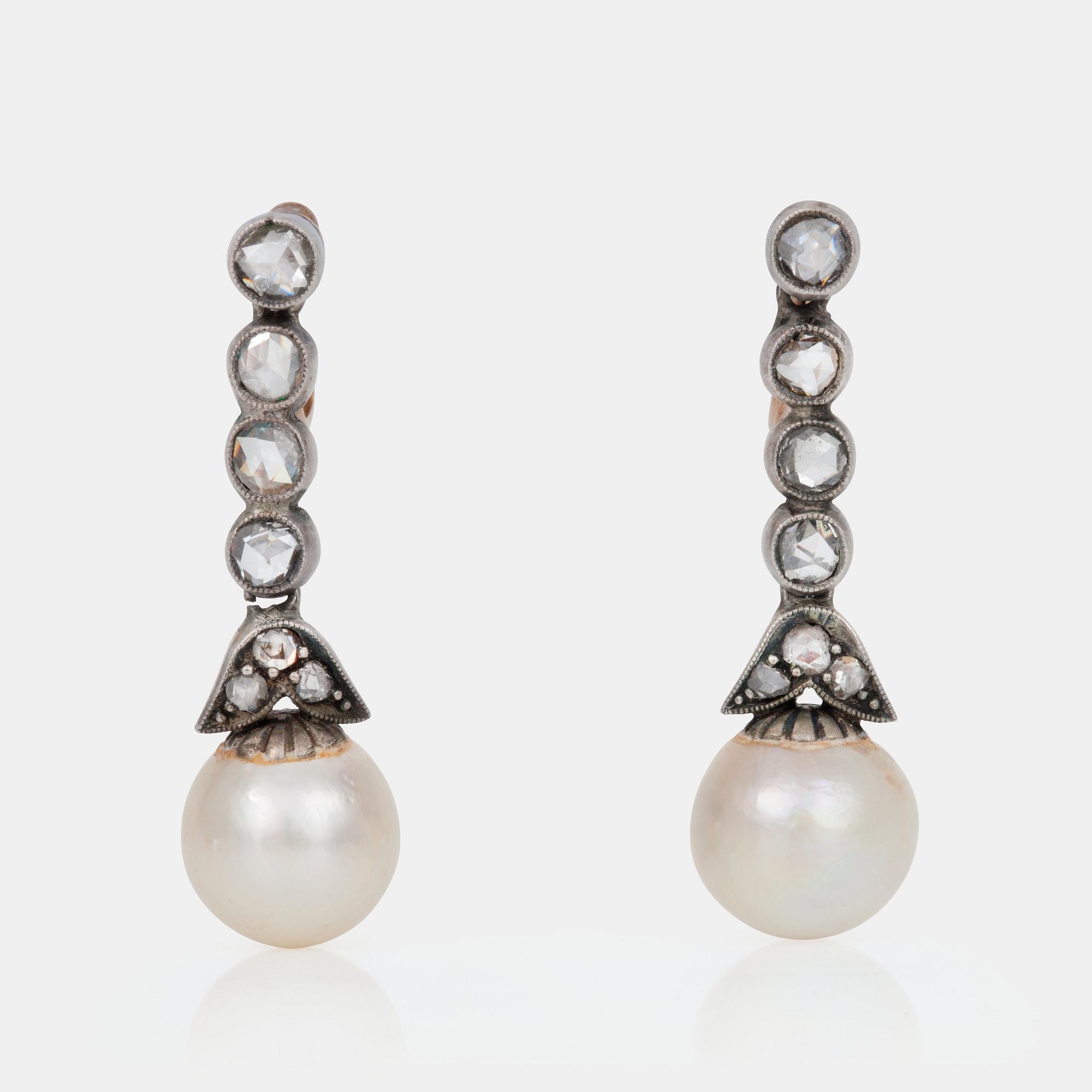 A pair of probably cultured pearl and rose-cut diamond earrings.