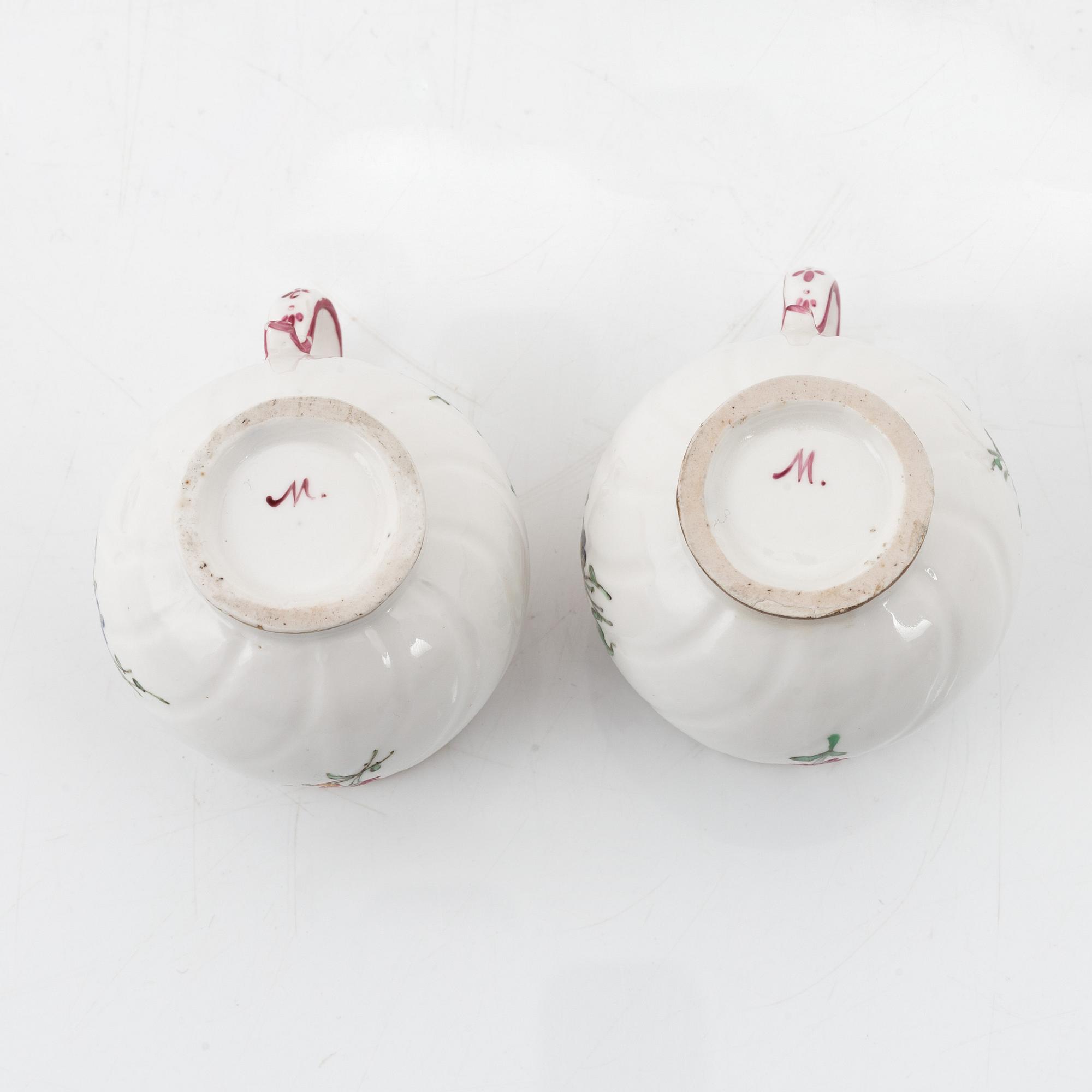 Two Marieberg soft paste custard cups with covers, 18th Century.