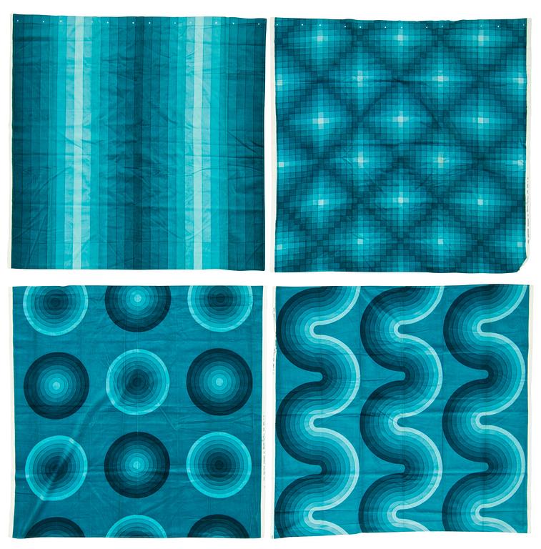 GARDINLÄNGDER, 3 ST., OCH PROVBITAR, 7 ST. Bomullsvelour. Olika turkosa nyanser och mönster. Verner Panton.