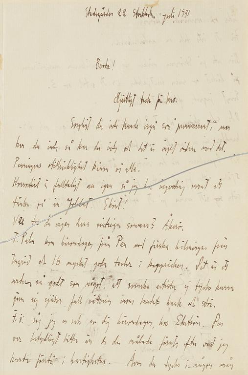 Axel Fridell, letter and drawings, signed, juli 1931.