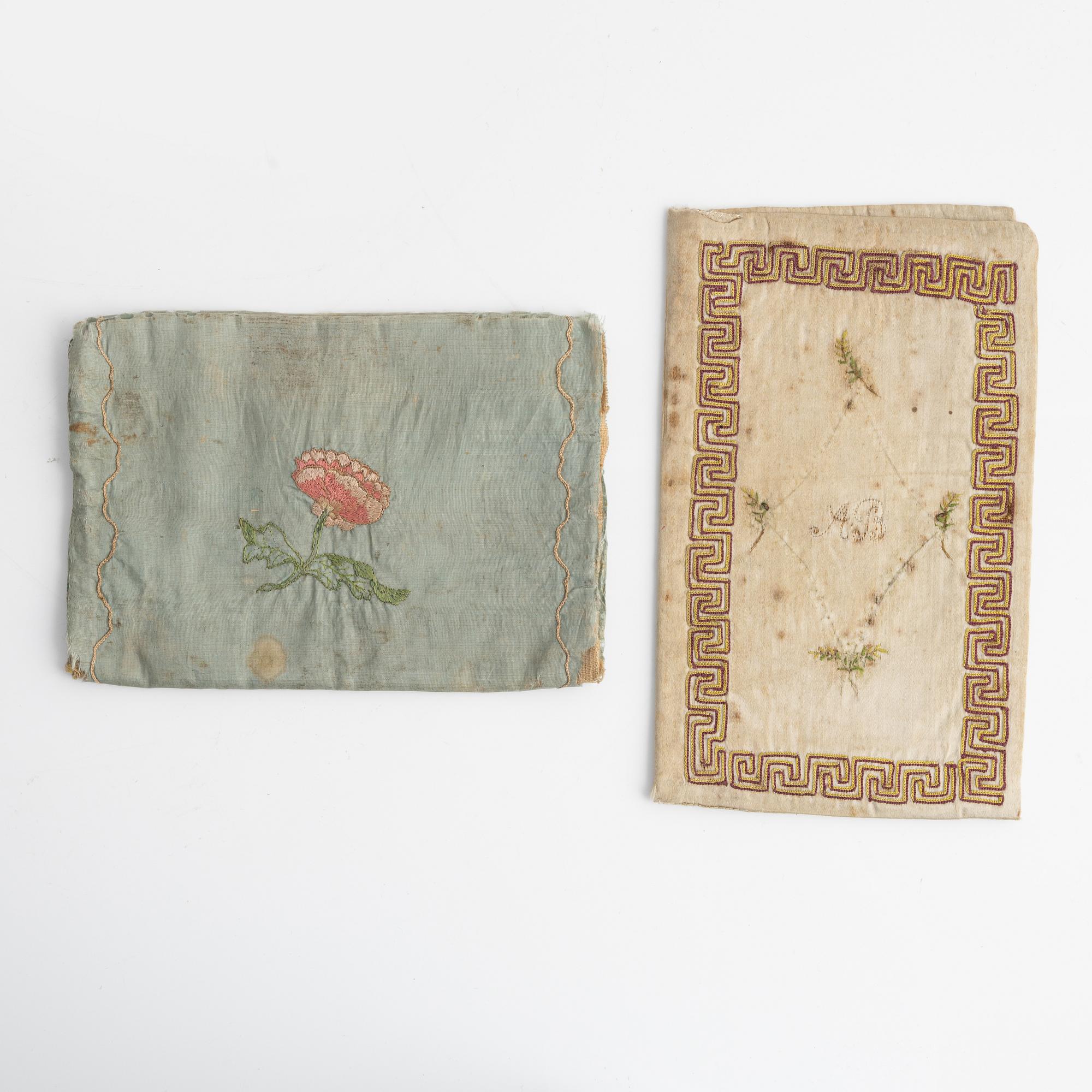 Two swedish 18 century silk wallets.ca 20,5 x 11,5 & 17,5 x 12,5 cm.
