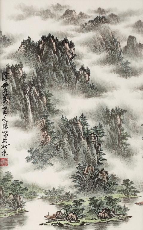MÅLNING och KALLIGRAFI, bersglandskap i dimma av Yuan Fawang, signerad.
