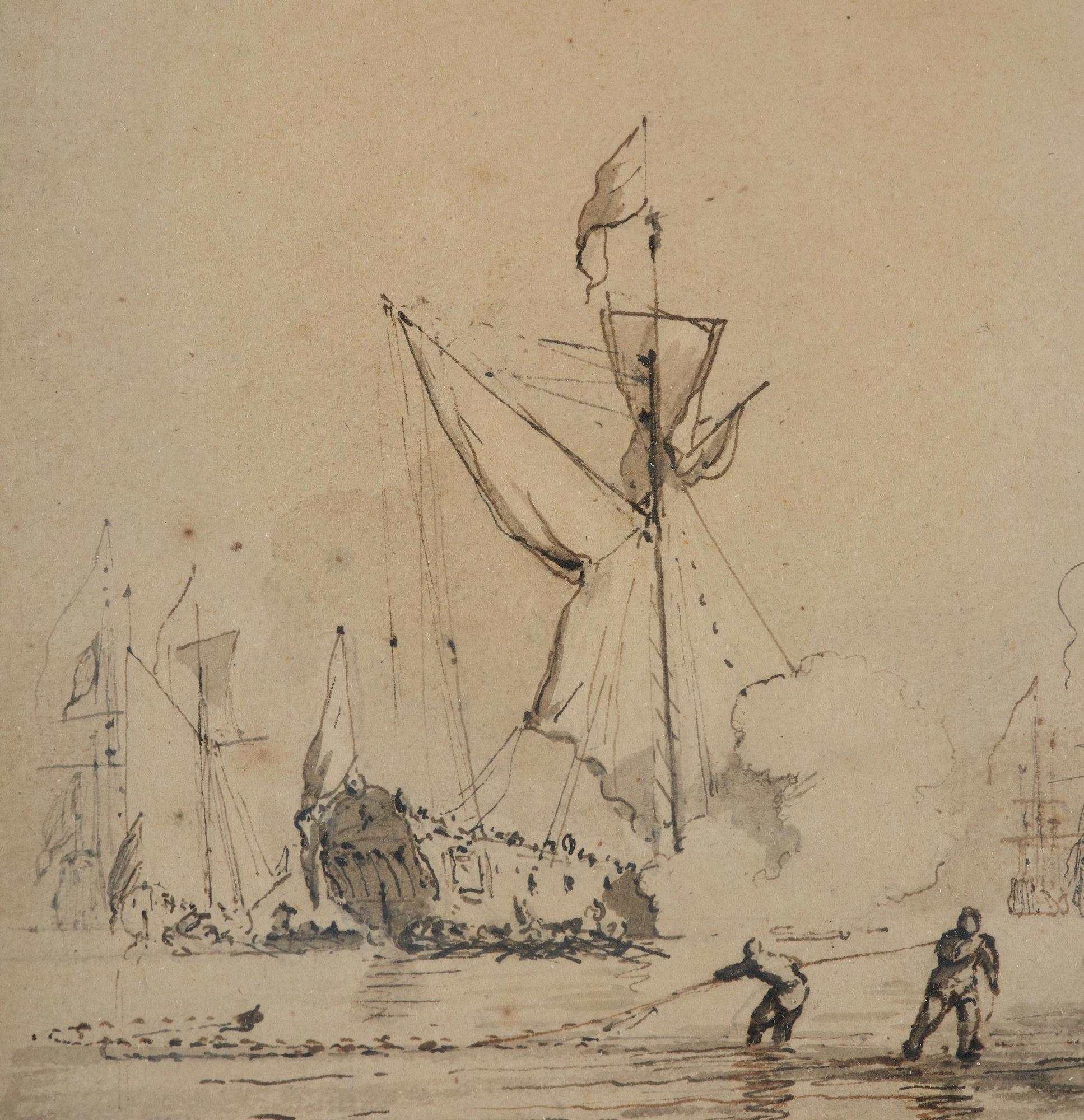 Willem van de Velde, attributed to, Coastal scene with fishermen and warships.