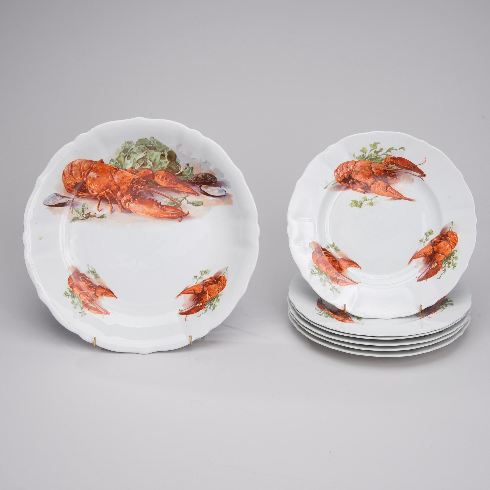 KRÄFTTALLRIKAR 6 st. och SERVERINGSFAT, flintgods, Arabia 1928-49.