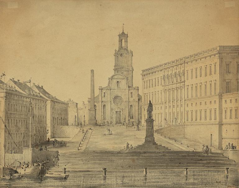 Okänd konstnär, 1800-tal, Slottsbacken med Storkyrkan i fonden.