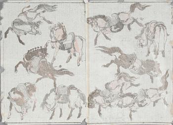 HASHIRA, träsnitt, BOK, förläggare Tsutaya Kichizo, samt TRÄSNITT, 6 st, Japan, 1800-tal.