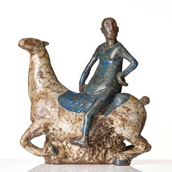 Åke Holm, a stoneware sculpture of a man on a horse, Höganäs, Sweden 1950's.