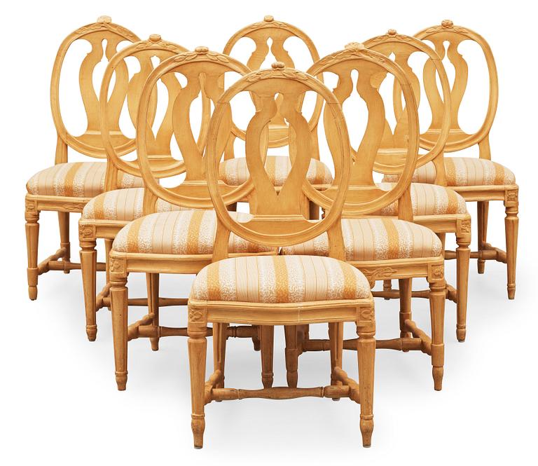 Eight matched Gustavian 18th century chairs.