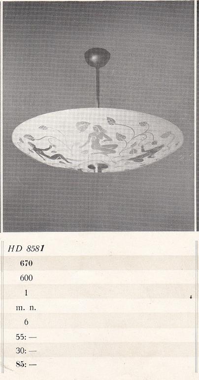 Edward Hald, a model 'HD 8581' ceiling light, Orrefors, 1940's.