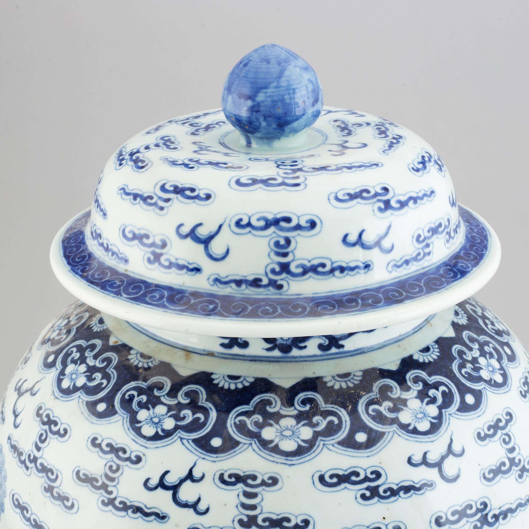 A large blue and white jar with cover, China, 20th Century.