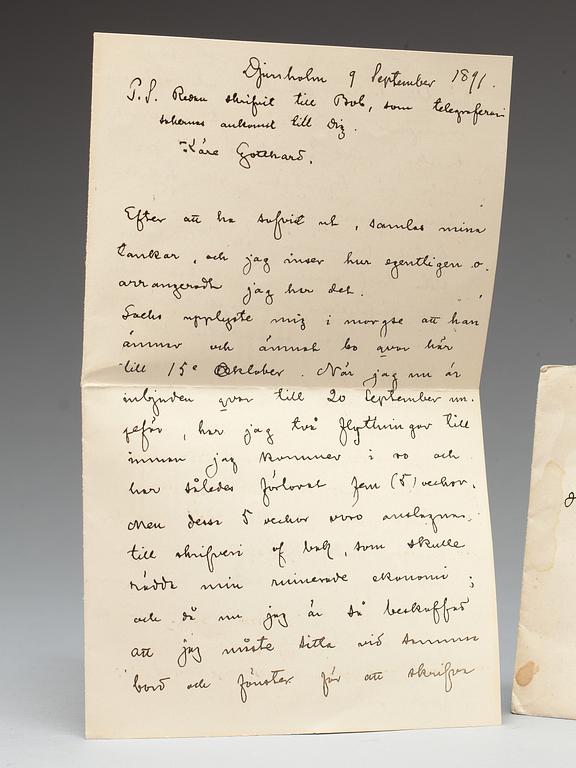 August Strindberg, handskrivet och undertecknat brev. Daterat Djursholm 9 september 1891.