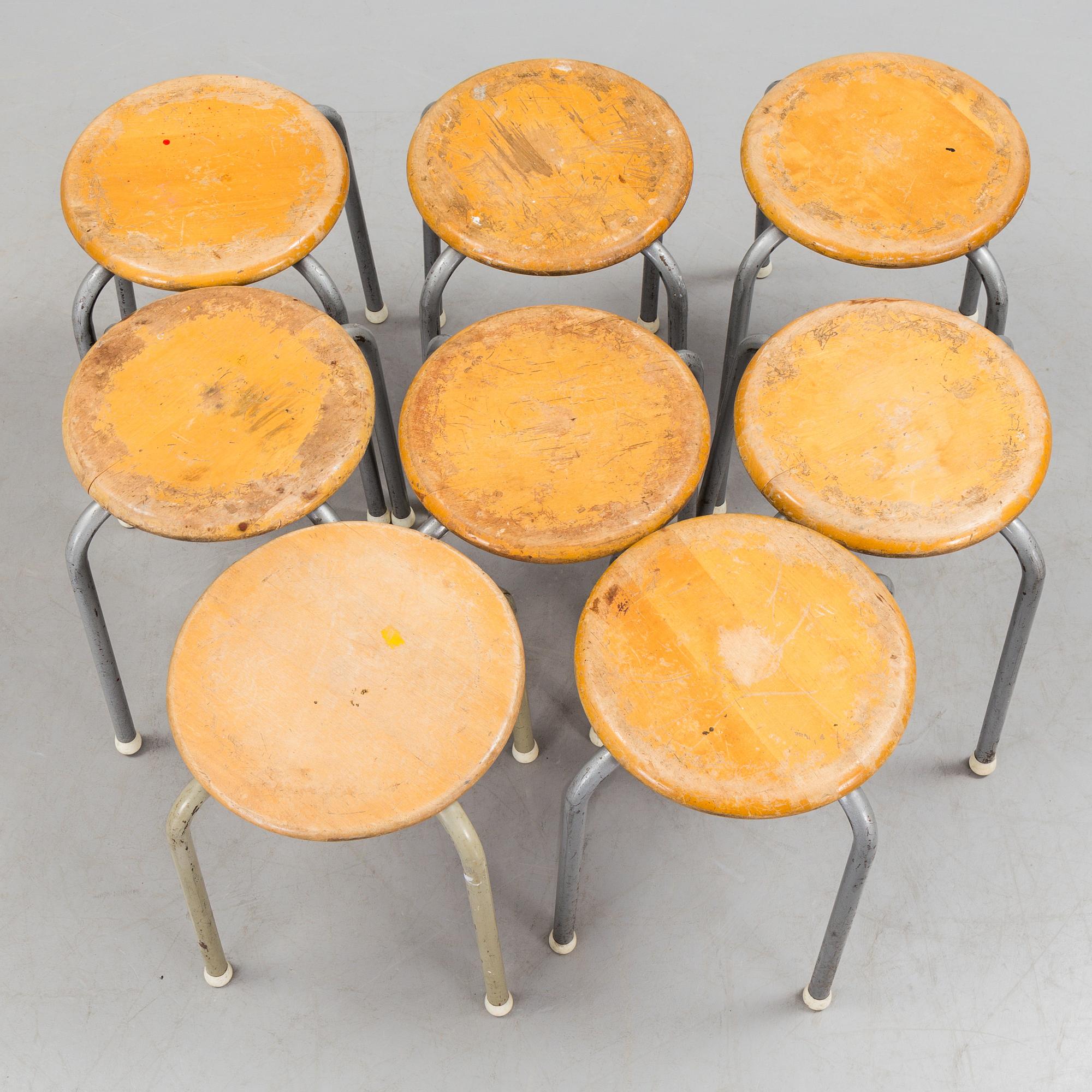 Eight birch stools, mid 20th Century.