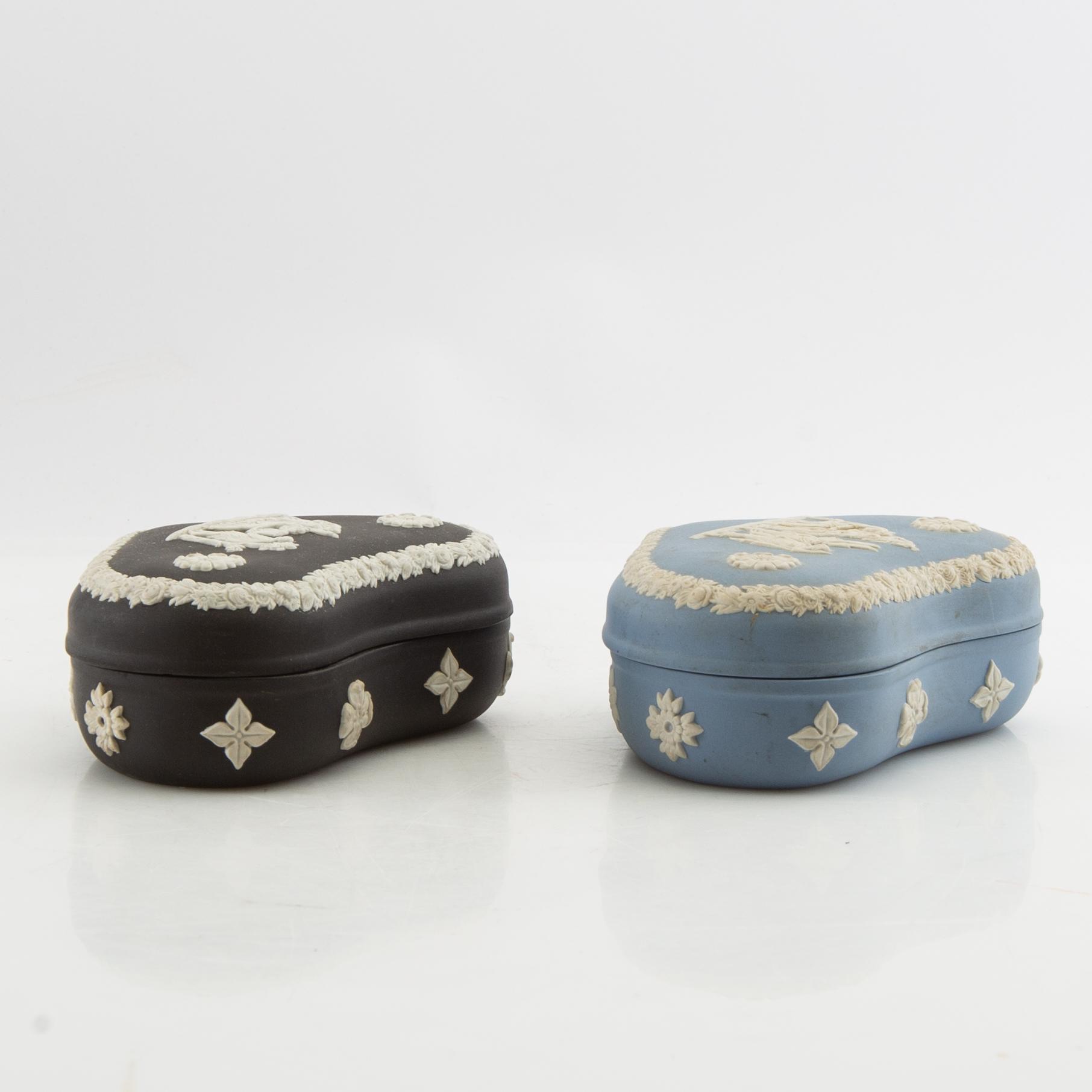 A collection of boxes, plates, etc. 8 dlrs, mostly Wedgwood England 20th century jasperware.