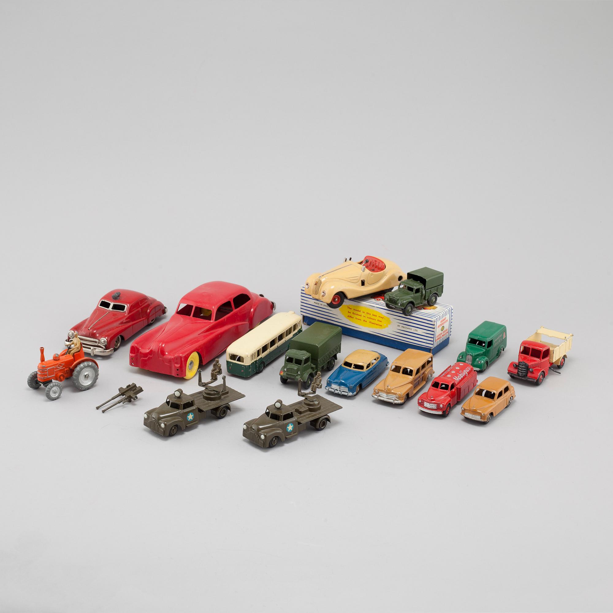 16 toy cars, mostly by Dinky Toys, from the latter half of the 20th century.