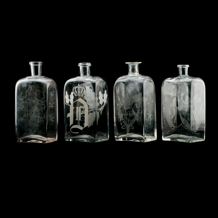 BRÄNNVINSPLUNTOR, 4 st, glas, 1800-tal.