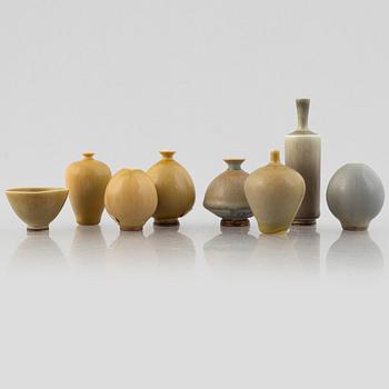 Berndt Friberg, a group of seven miniature stoneware vases and a bowl, Gustavsbergs Studio, 1957-70.