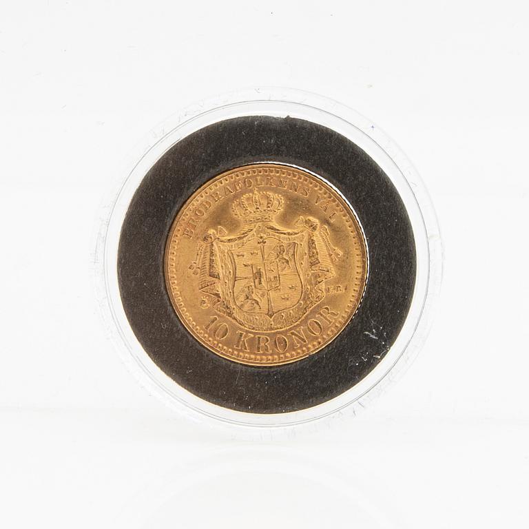 Gold coin Sweden, Oscar II 10 kr, 1901, mint error.