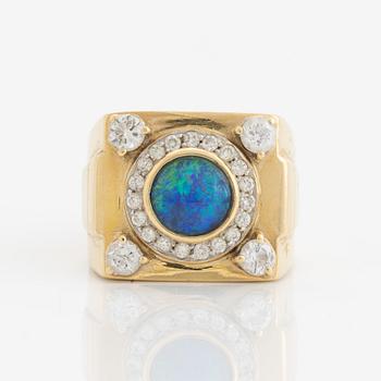 Gold, opal and brilliant cut diamond ring.