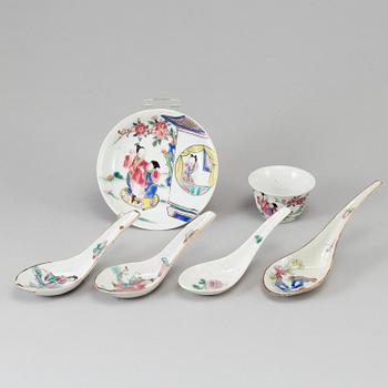 A famille rose cup with stand and four spoons, Qing dynasty, Yongzheng (1723-35) and late Qing dynasty.