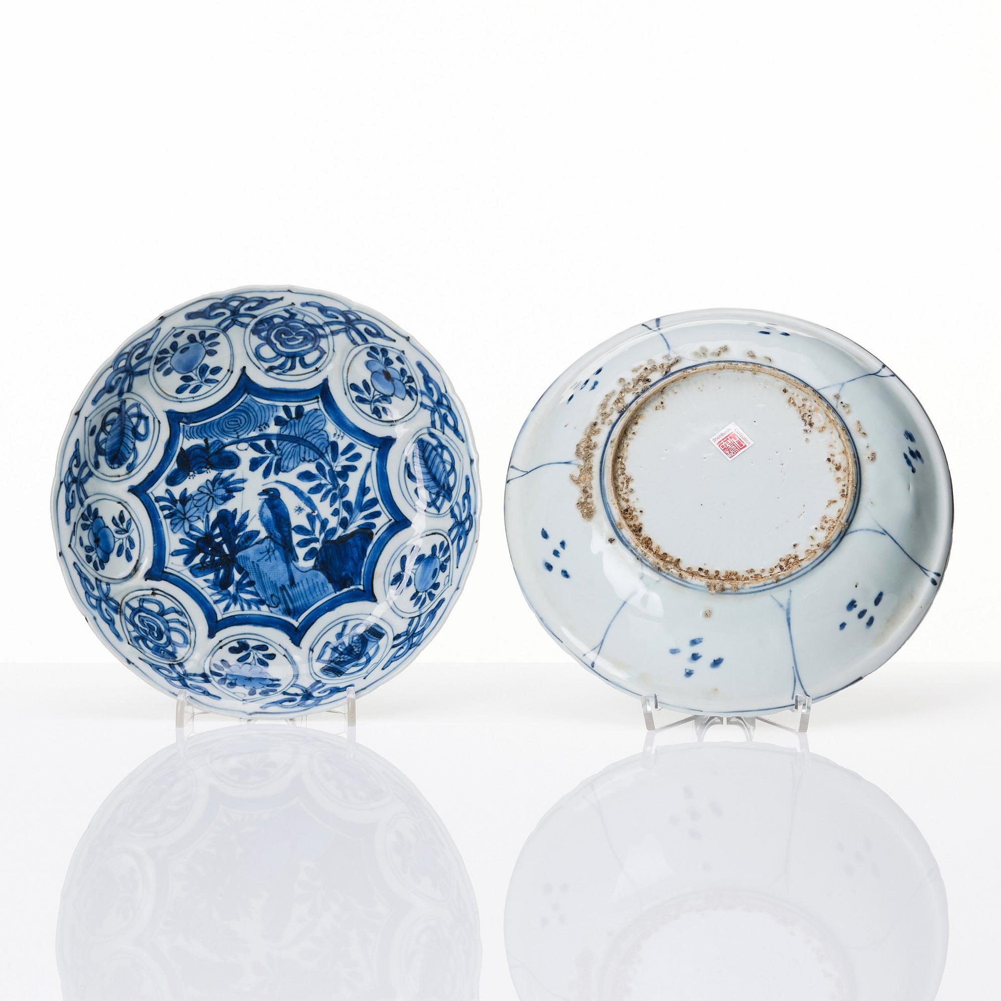 Four blue and white dishes, Ming dynasty, Wanli (1572-1620).
