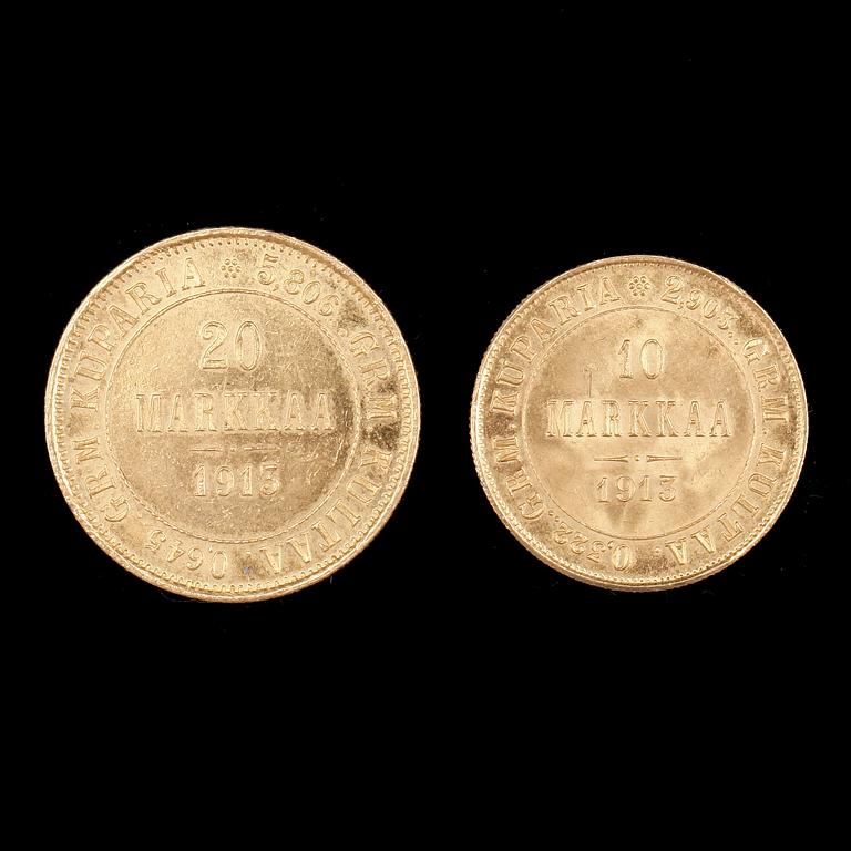 GULDMYNT, 2st, lägst 20k guld, 20 mark resp 10 mark, Finland/Ryssland, 1913. Totalvikt ca8,7g.