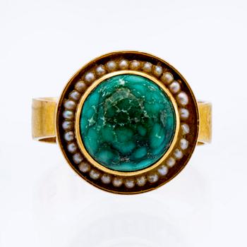 Ring 18k gold with seedpearls and turquoise approx 10 mm, Englebert Stockholm 1967.