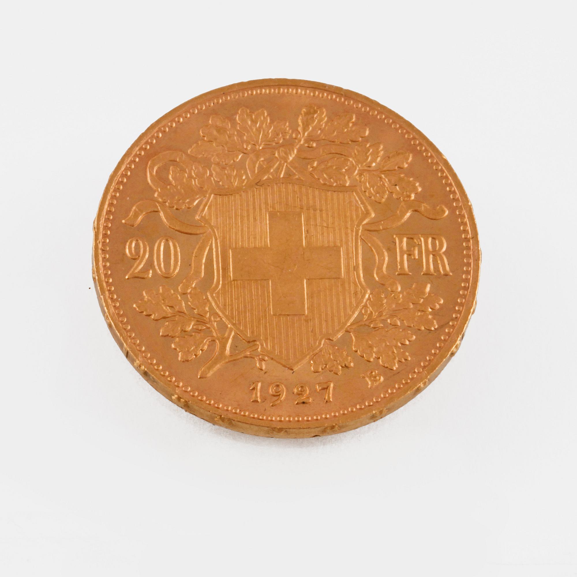 GULDMYNT, 900, Helvetia, 20 fr, 1927, vikt 6g.