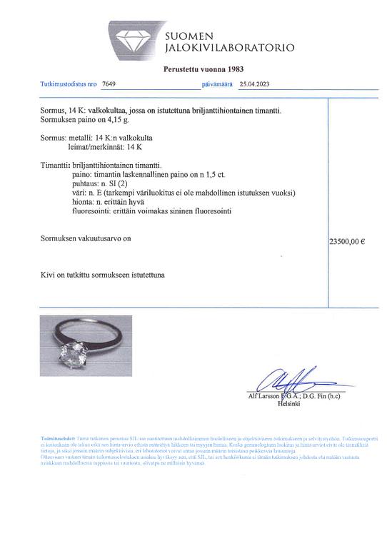 Sormus, 14K valkokultaa ja timantti n. 1.56 ct. AIG-todistuksella.