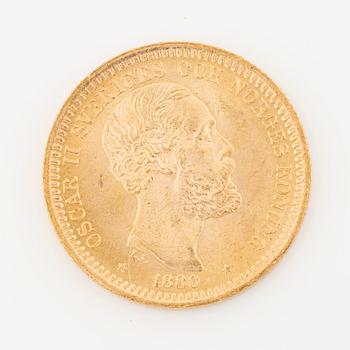 Guldmynt, Oscar II, 20 kronor, typ III, Sverige 1880.
