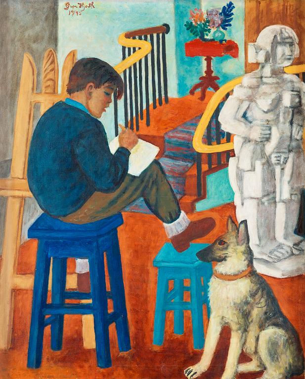 Bror Hjorth, "Ateljeinteriör (med Ole och Boy)" [Studio interior with the artist's son Ole and the family dog Boy].