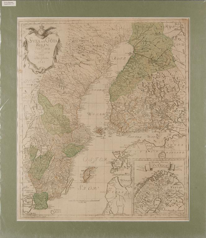 KARTA, Charta öfver Svea ock Göta Riken med Finland ock Norland afritade i Stockholm 1747.