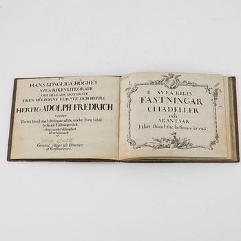 Album från 1746 med 22 akvareller över fästningar, gåva av Gabriel Cronstedt till tronföljaren Adolf Fredrik.