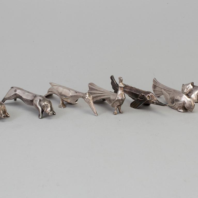 12 silver plated animal-shaped knife rests designed by Marcel Edouard Sandoz for Gallia Christofle, France.
