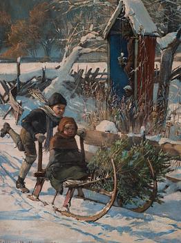 Carl Gustaf Hellqvist, Children kicksledding in the snow.