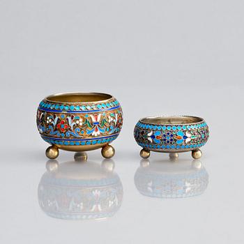 Two Russian spice/salt-cellars, parcel-gilt silver and enamel, mark of Ivan Saltykov and Ivan Sergeyevich Lebedkin.