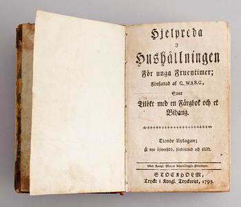 BOK: Hjelpreda i Hushållningen för unga fruentimmer av C Warg, tionde upplagan, 1795.