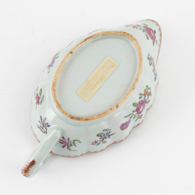 A famille rose dish, sauce boat and bowl, Qing dynasty, 18th Century.